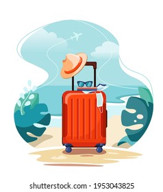 Red travel suitcase on tropical beach. Beach hat, sunglasses, tickets and medical mask. Travel during a pandemic. Vector illustration isolated on white background