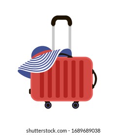 Red Travel Suitcases. Woman summer hat. Time to Travel. Trip to World. Vacation. Holidays. Travel banner. Front view. Modern flat design. Vector