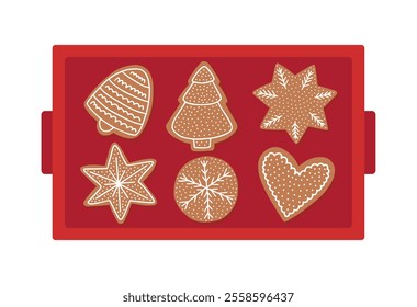 Red tray with ginger cookies top view vector flat illustration