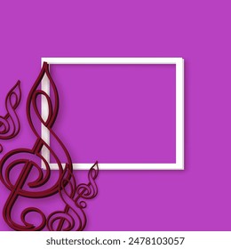 Red Treble Clef Notes with Blank Frame on Purple Background for Music Melody.