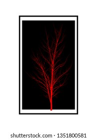 Red tree in a black rectangle on a white background. Young tree with branches without leaves.