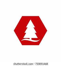 Red Tree Christmas Icon Logo Vector on Hexagonal Shape with White Background