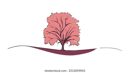 Red Tree in continuous line art drawing style. Giant and powerful tree black linear design isolated on white background. Vector illustration