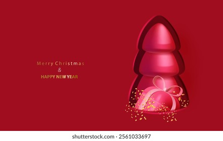 Red tree and gift in 3d paper cut box.  Merry Christmas red background. Holiday card. Vector X-mas and Happy New Year design.