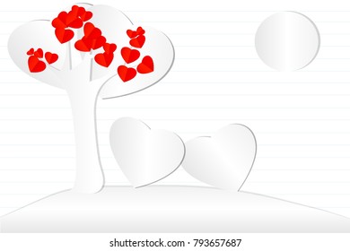 Red tree heart art and two white heart shape with note book line background, vector art and illustration.