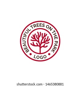 Red tree line art circle seal logo design with text around