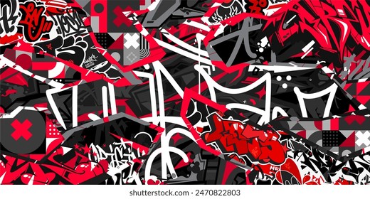 Red Trendy Abstract Urban Street Art Graffiti Style Vector Collage Illustration Background Template