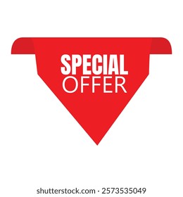 Red triangle banner, special offer text, white typography, marketing design, promotional tag, sales graphic, minimalist style, attention-grabbing, retail advertisement.