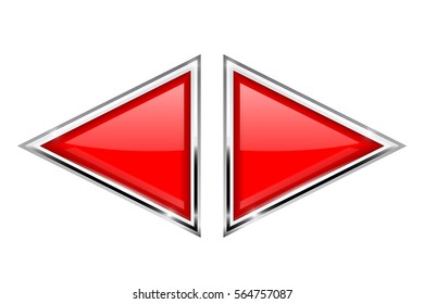 Red triangle buttons with metal frame. Vector 3d illustration isolated on white background.