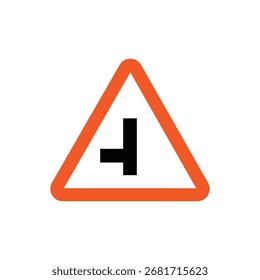 Red triangle caution sign on a road. Side road left traffic sign vector.