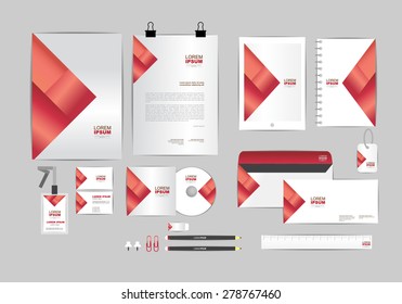 red with triangle corporate identity template  for your business includes CD Cover, Business Card, folder, ruler, Envelope and Letter Head Designs