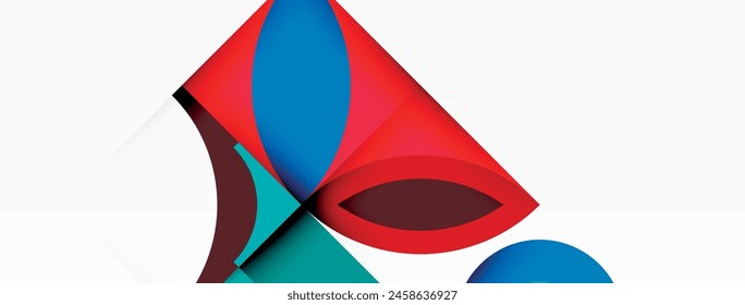 Un triángulo rojo, un círculo azul eléctrico y un patrón verde sobre un fondo blanco muestran la simetría y la creatividad en el arte. Los tonos y tonos de carmín añaden profundidad a la composición