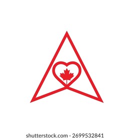 Emblema Del Triángulo Rojo Con El Símbolo Del Corazón Y De La Hoja Del Arce, Logotipo Minimalista Del Amor De Canadá.