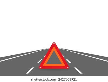 Red Triangle Emergency Sign on the Road. Vector Illustration. 