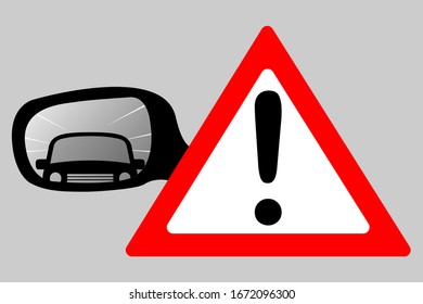 Red triangle with exclamation sign and rearview mirrors with car