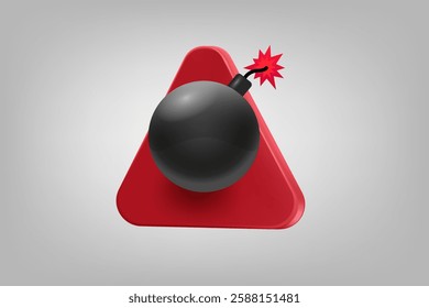 Red triangle with flaming bomb. Vector 3d application icon