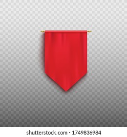 Red Triangle Pennant Or Streamer, Fabric Flag Hanging Realistic Mockup Or Template Vector Illustration Isolated On Transparent Background. Advertising Signboard Or Banner.