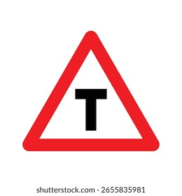 Una señal de tráfico de triángulo rojo con una forma de t negra advierte de un cruce de t por delante. La señal se coloca sobre un fondo blanco, proporcionando una visibilidad clara y transmitiendo un mensaje de precaución a los conductores.