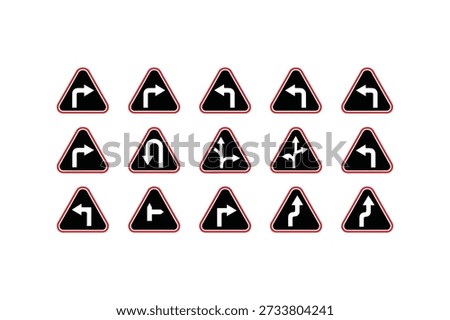Red Triangle Road Turn Curve Arrow Traffic Warning Sign Icons Set Vector