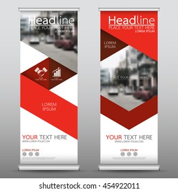 Red triangle roll up business banner design vertical template vector, cover presentation abstract geometric background, modern publication display and flag-banner, layout in rectangle size.