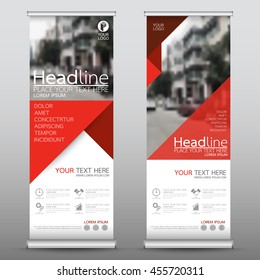 Red triangle roll up business banner design vertical template vector, cover presentation abstract geometric background, modern publication display and flag-banner, layout in rectangle size.