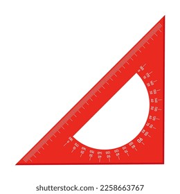 Red triangle ruler for lesson vector illustration. Instrument for elementary school isolated on white background, Geometry concept