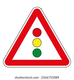 Red triangle traffic sign warning drivers of traffic lights ahead, ensuring road safety and smooth traffic flow.