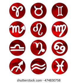 Red triangle vector zodiac signs. Polygon horoscope icons