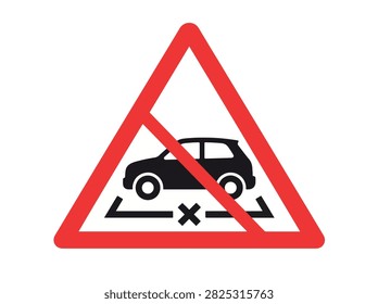 A red triangle warning sign indicating no parking or stopping for vehicles. The symbol shows a car with a diagonal line through it over a marked parking space with an 'X'.
