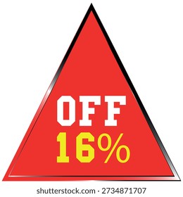 Triângulo vermelho com texto branco OFF e texto amarelo 16% em um fundo branco Formato vetorial escalável...