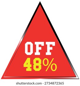 Red triangle with white text OFF and yellow text 48% with silver border on white background Scala...