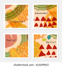 Red triangles and green marker strokes.Hand drawn creative invitation greeting cards. Poster, placard,  design templates. Anniversary, Birthday, wedding, party cards set of 4. Isolated on layer.