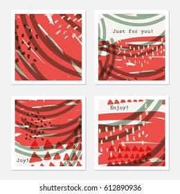 Red triangles on red green marker strokes.Hand drawn creative invitation greeting cards. Poster, placard, design templates. Anniversary, Birthday, wedding, party cards set of 4. Isolated on layer.