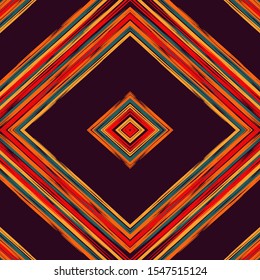 Red Triangles Psychedelic Seamless Pattern. Purple Triangles African Watercolor Background. Batik Rustic Background. Damask Tie Dye Elegant Vector Pattern. Stripes.
