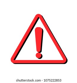 Red triangular exclamation mark danger black silhouette on white background, flat design, vector
