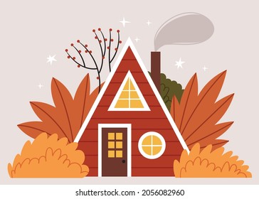 Red triangular house in the middle of the autumn forest. Scandinavian cute illustration.