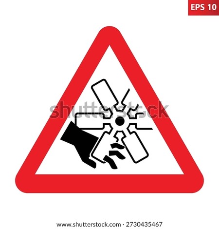 Red triangular industrial warning sign indicating danger from moving or rotating blades of machinery. The symbol warns about risk of hand injury, cutting, crushing or amputation when operating mechanical equipment. Vector illustration in flat pictogram style, isolated on white background. Commonly used in factories, workshops, manufacturing plants and industrial safety systems.