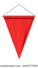 Red triangular pennant hanging from a metallic support, isolated against a clean white background, offering ample space for customization and ideal for various advertising needs