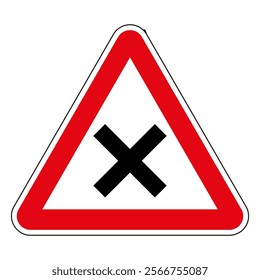 Red triangular road sign showing a black cross, warning drivers of an intersection ahead.