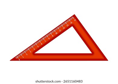 Régua triangular vermelha sobre fundo branco. Fornecimento de artigos de papelaria escolar, régua ou ferramenta de medição. Geometria e desenho, medição, item escolar, educação. Engenheiro ou arquiteto desenhando governante. Vetor