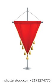 Red triangular satin pennant with golden tassels on steel spire pedestal realistic vector illustration