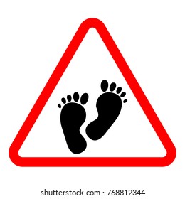 Red triangular sign, black symbol of children's feet, vector
