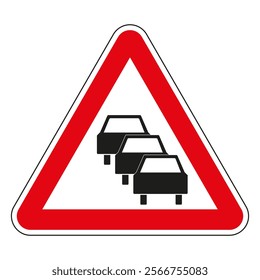 Red triangular traffic queue warning road sign signaling slowing or stopped traffic ahead.