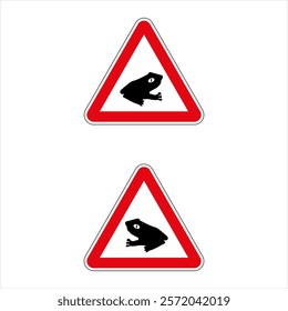 Red triangular traffic sign warning drivers about frogs crossing the road, promoting wildlife conservation and road safety.