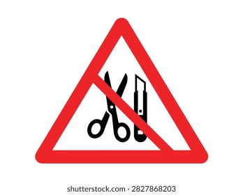 A red triangular warning sign with a diagonal line indicating a prohibition of scissors and utility knives.