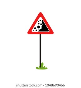 Red triangular warning sign falling stones. Dangerous road section. Flat vector element for book of traffic rules, educational mobile app, infographic