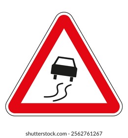 Red triangular warning traffic sign indicating slippery road conditions, alerting motorists to potential hazards.