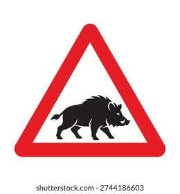 Red triangular wildlife warning sign featuring a wild boar silhouette in bold black. Clean, high-contrast vector design ideal for forest roads, rural highways, countryside regions, and hunting areas. Perfect for traffic safety signage, transportation graphics, and environmental awareness materials.