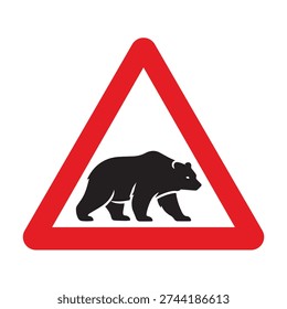 Red triangular wildlife warning sign featuring a bear silhouette in bold black. Clean, high-contrast vector design ideal for forest roads, mountain highways, rural regions, and animal crossing zones. Perfect for traffic safety signage, transportation graphics, and environmental awareness campaigns.