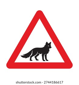 Red triangular wildlife warning sign featuring a fox silhouette in bold black. Clean, high-contrast vector design ideal for forest roads, countryside highways, rural areas, and animal crossing zones. Perfect for traffic safety signage, transportation graphics, and environmental awareness materials.